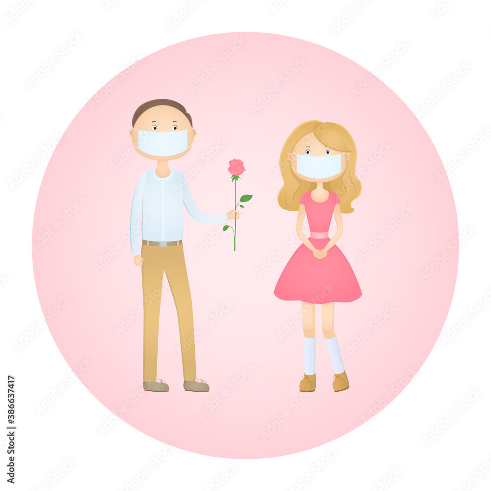 Man in face mask give woman a rose. Vector icon. Man in face mask give woman a rose. Vector icon.