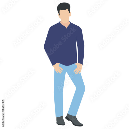  A guy stylishly dressed up wearing denim upper, shoes and t shirt with chino jeans, looking away and presenting walking gesture   © Vectors Market