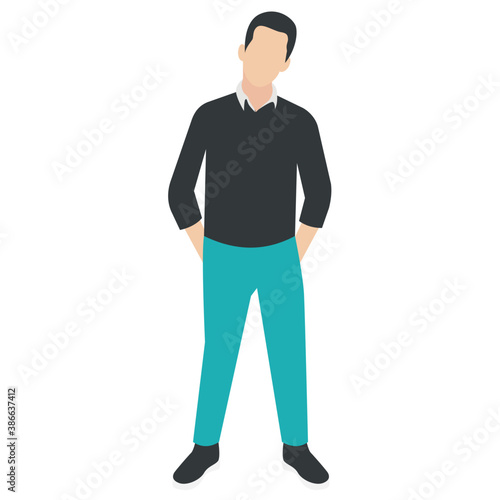  A guy stylishly dressed up wearing denim upper, shoes and t shirt with chino jeans, looking away and presenting walking gesture   © Vectors Market