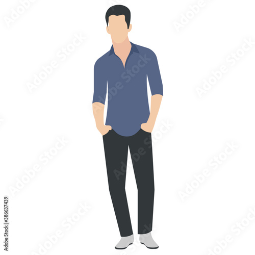
A guy stylishly dressed up wearing denim upper, shoes and t shirt with chino jeans, looking away and presenting walking gesture 
