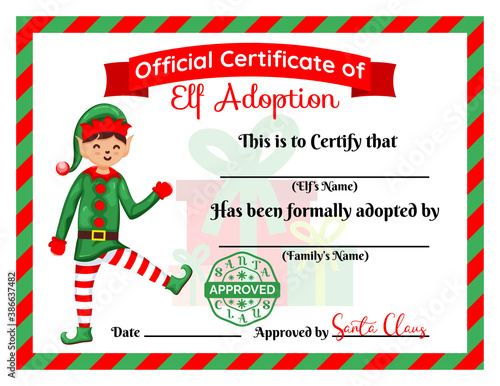 Santa s Elf adoption certificate. Card, Diploma. Flat vector illustration.