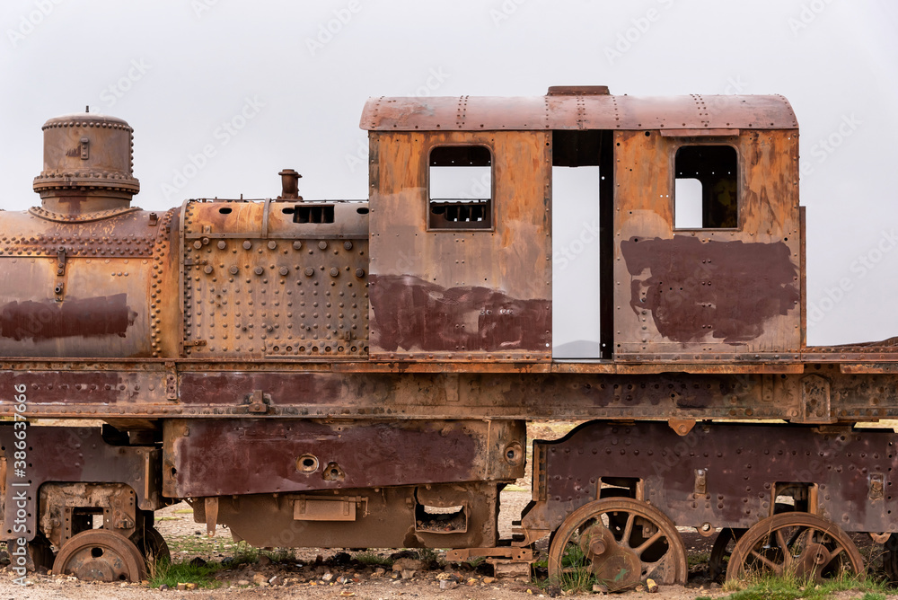 Old rusty locomotive abandoned in a train cemetery. Uyuni, Bolivia