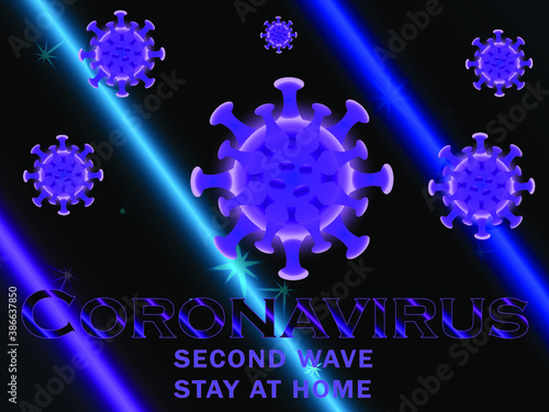 coronavirus on a blue background. Second wave. 3 d model of the coronavirus bacteria. vector graphics