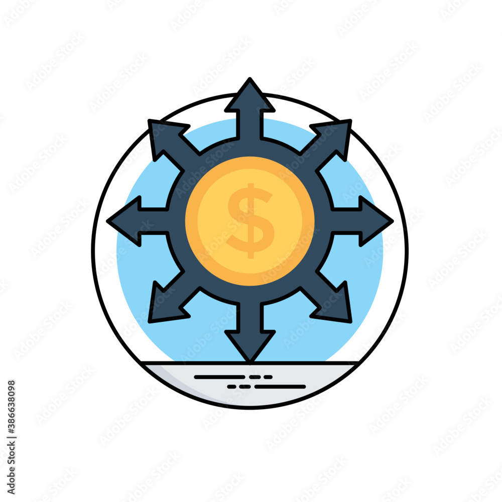 
Round coin with arrows heading in all directions conceptualizing budget spending icon 
