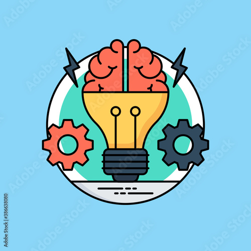 
Light bulb inside cog in human head is icon of creative mind 
