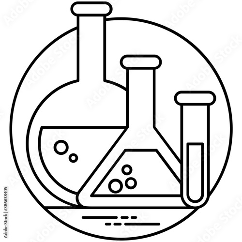 
A laboratory flask in flask clamp stand along with a hand pouring chemical into flask, lab experiment icon

