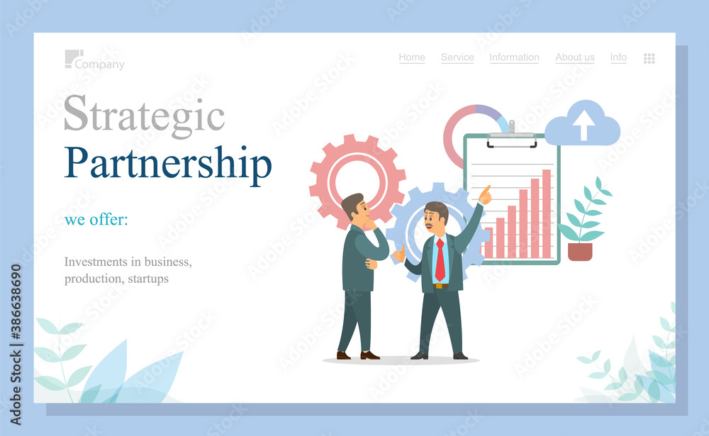 Business partnership relation concept. Team working partner together template for landing page, banner, presentation. Strategic partnership of businessman characters website illustration flat design Business partnership relation concept. Team working partner together template for landing page, banner, presentation. Strategic partnership of businessman characters website illustration flat design