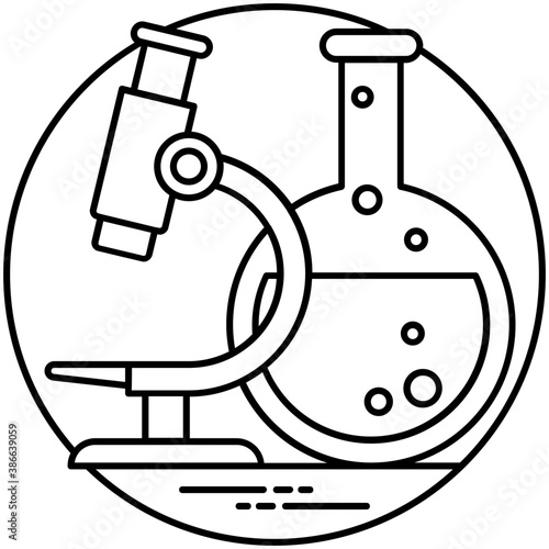 
A laboratory flask in flask clamp stand along with a hand pouring chemical into flask, lab experiment icon
