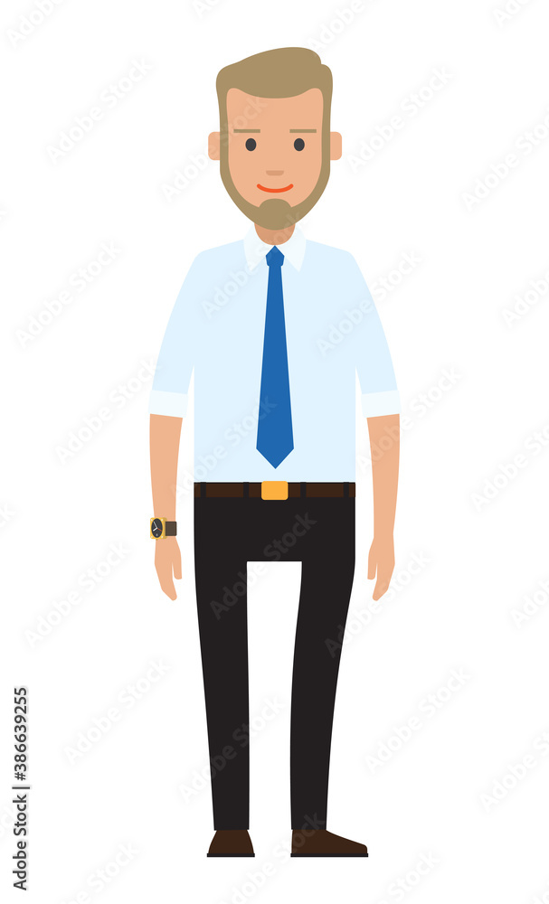 Smiling man bearded businessman dressed in a shirt with tie standing at full height isolated on white background. Businessperson blond male character in formal clothes office worker or employee Smiling man bearded businessman dressed in a shirt with tie standing at full height isolated on white background. Businessperson blond male character in formal clothes office worker or employee