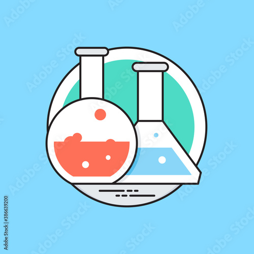 
A laboratory flask in flask clamp stand along with a hand pouring chemical into flask, lab experiment icon
