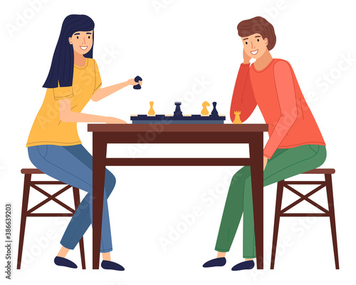 Mother and daughter playing board game together vector isolated on white illustration. Female characters friends playing chess sitting on chairs at table. Indoor entertainment for adults and children