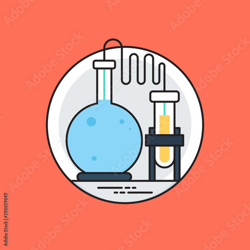 
A laboratory flask in flask clamp stand along with a hand pouring chemical into flask, lab experiment icon
