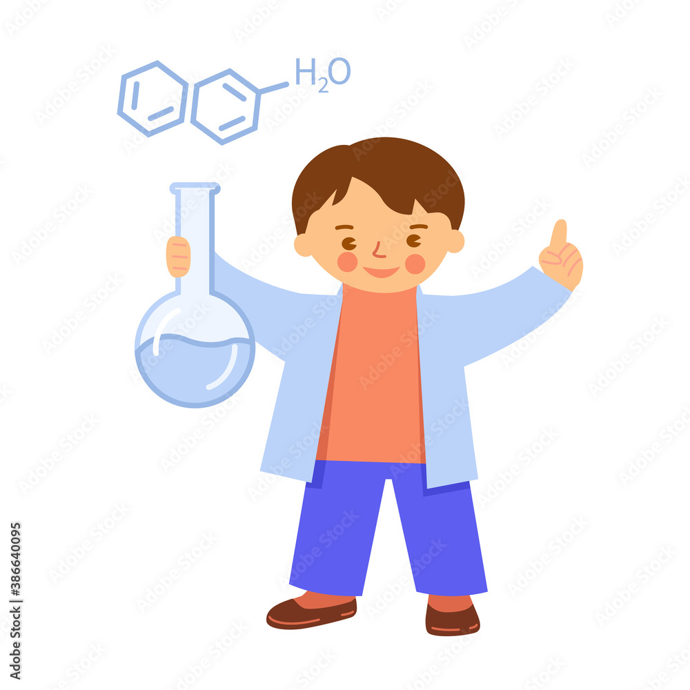 The boy is holding a chemical flask. Learning concept. Vector illustration in cartoon style. Isolated on white. The boy is holding a chemical flask. Learning concept. Vector illustration in cartoon style. Isolated on white.
