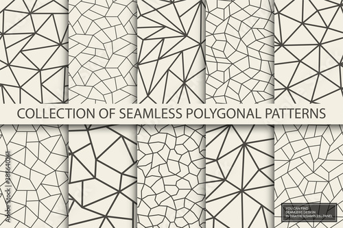 Collection of polygonal geometric patterns. Monochrome repeatable abstract backgrounds. Mosaic trendy prints. You can find seamless design in swatches panel