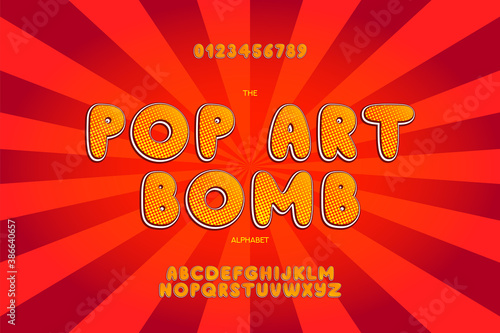 Comic pop art alphabet template. Retro color alphabet and numerals design. Vector illustration.