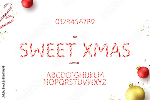 Christmas alphabet and numerals template. Color alphabet and numerals design with red and green candy cane texture. Vector illustration. Candy Christmas font.