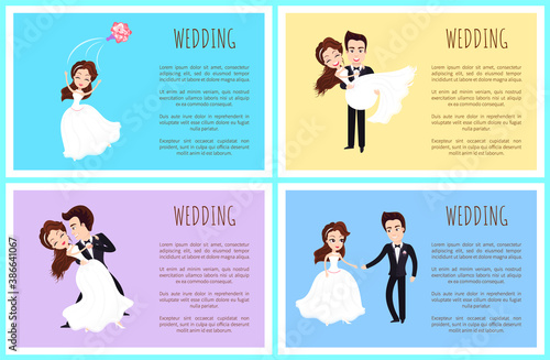Wedding day vector, bride dancing with groom newlywed couple in love, poster with text info. Man and woman cuddling, female throwing bouquet tradition