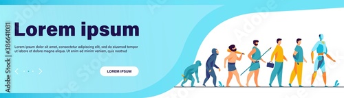 Human evolution from monkey to cyborg. Primate, ancestor, caveman, homo sapience, disabled man with prosthesis, robot. Vector illustration for anthropology, history, development concept