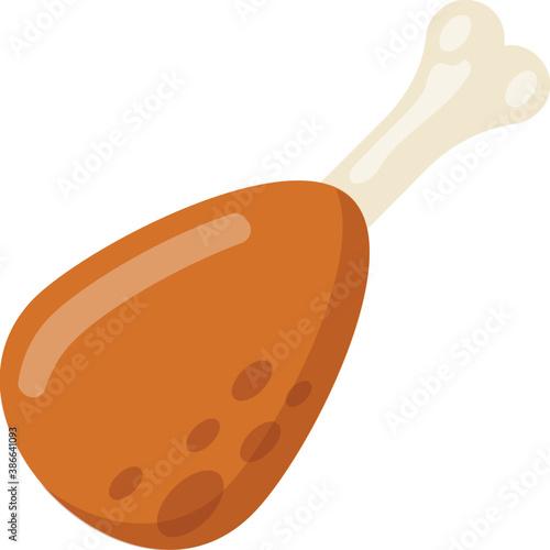 
A cooked piece of chicken with bone and meat on top depicting drumstick 
