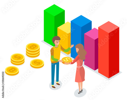 Group of people holds gold coins. Man and woman save money stack coins, invest, manage finances. Banking and economics concept. Cash settlements for purchases, sales growth and profit increase