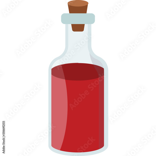 
A glass bottle with red fluid having cork stopper on it, wine vinegar 
