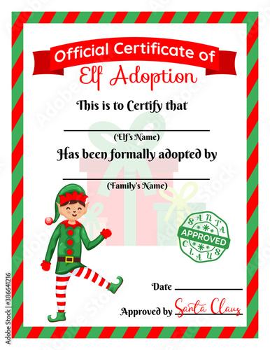Santa s Elf adoption certificate. Card, Diploma. Flat vector illustration.