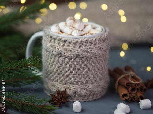 Sweet hot chocolate with marshmallows and cinnamon . Winter Christmas drink. Mug in a knitted sweater