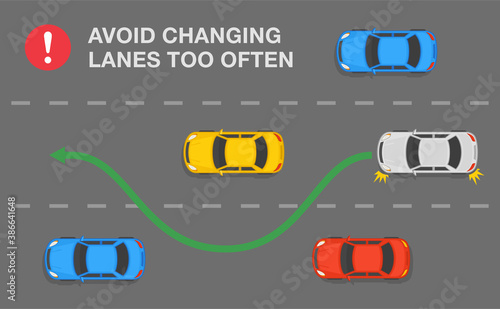 White car is changing position on three lane road. Avoid changing lanes too  often rule. Flat vector illustration template. Stock-Vektorgrafik