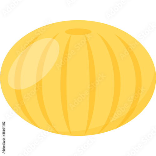
A yellow colored fruit in round shape having lines on it  symbolizing melon 
