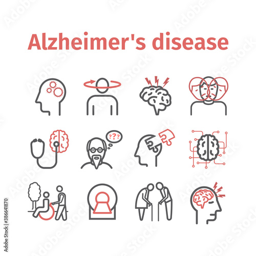 Alzheimer's disease and dementia. Symptoms. Line icons set. Vector signs for web graphics.