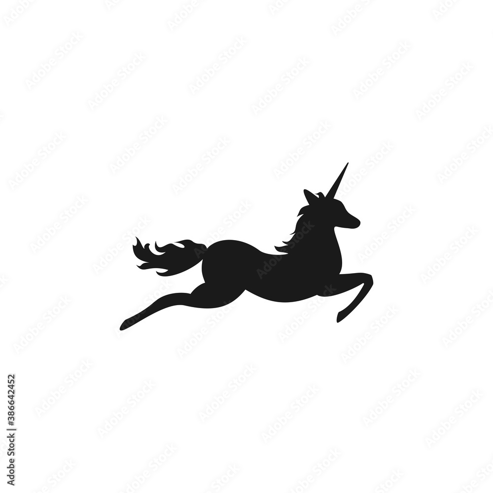 Black silhouette of graceful unicorn in jump. vector flat icon isolated on white Black silhouette of graceful unicorn in jump. vector flat icon isolated on white