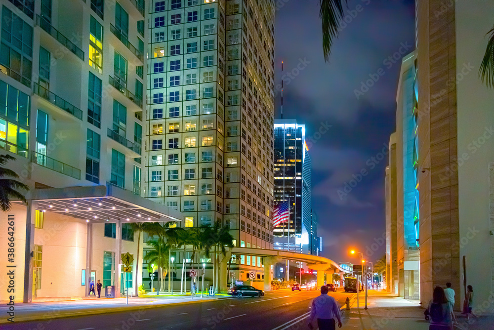 Colorful skyscrapers in downtown Miami at night