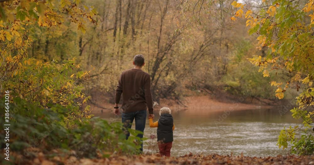 cute toddler is holding hand of his father in forest, man and child are standing together on calm shore of lake at autumn day, idyllic picture cute toddler is holding hand of his father in forest, man and child are standing together on calm shore of lake at autumn day, idyllic picture