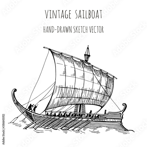 Old caravel, vintage sailboat. Hand drawn vector sketch.