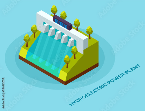 Hydroelectric power plant. Clean energy and electricity concept. Energy electric, alternative hydroelectric, hydro turbine, vector illustration. Water power conversion station with green trees