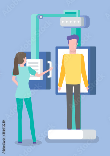 Fluorography device for lungs scanning vector, diagnosis of diseases or sickness with help of xrays scanning. Doctor and patient in clinic medicine