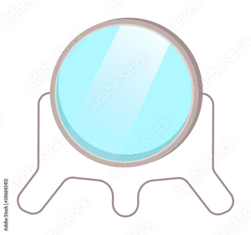 Round mirror in frame at steel pedestal isolated at white. Element or symbol for making makeup, shaving. Table mirror, tool or instrument, equipment for visagiste. Reflection in mirror. Simple icon