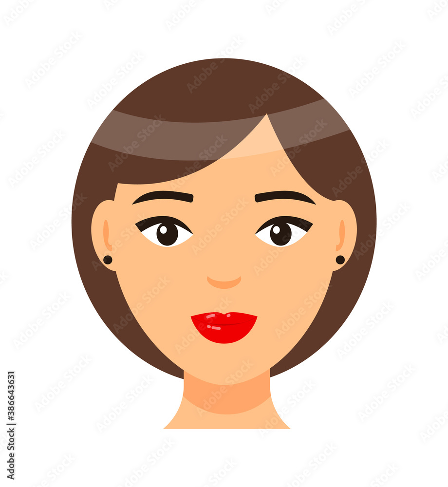 Vector cartoon character. Concept of avatar of young brown-haired woman with red lips and light makeup, earrings. Isolated portrait of pretty girl with elegance bob haircut. Attractive lady icon Vector cartoon character. Concept of avatar of young brown-haired woman with red lips and light makeup, earrings. Isolated portrait of pretty girl with elegance bob haircut. Attractive lady icon
