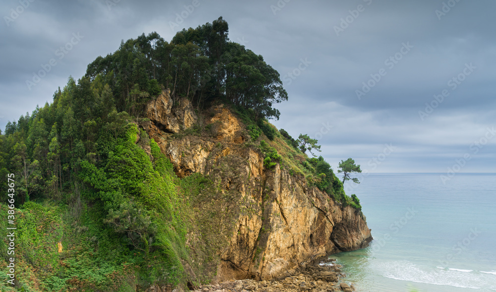 Small cliff with vegetation on a beach in Asturias with the sea in the background and cloudy sky.