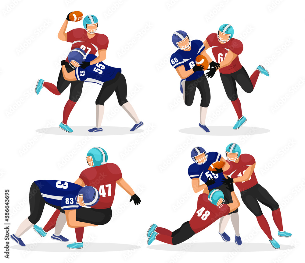 Naklejka Set of game moments. Footballers playing in american football. Players attack their opponents to get ball. Rivalry of competition. People in uniforms and helmets. Vector illustration of match in flat