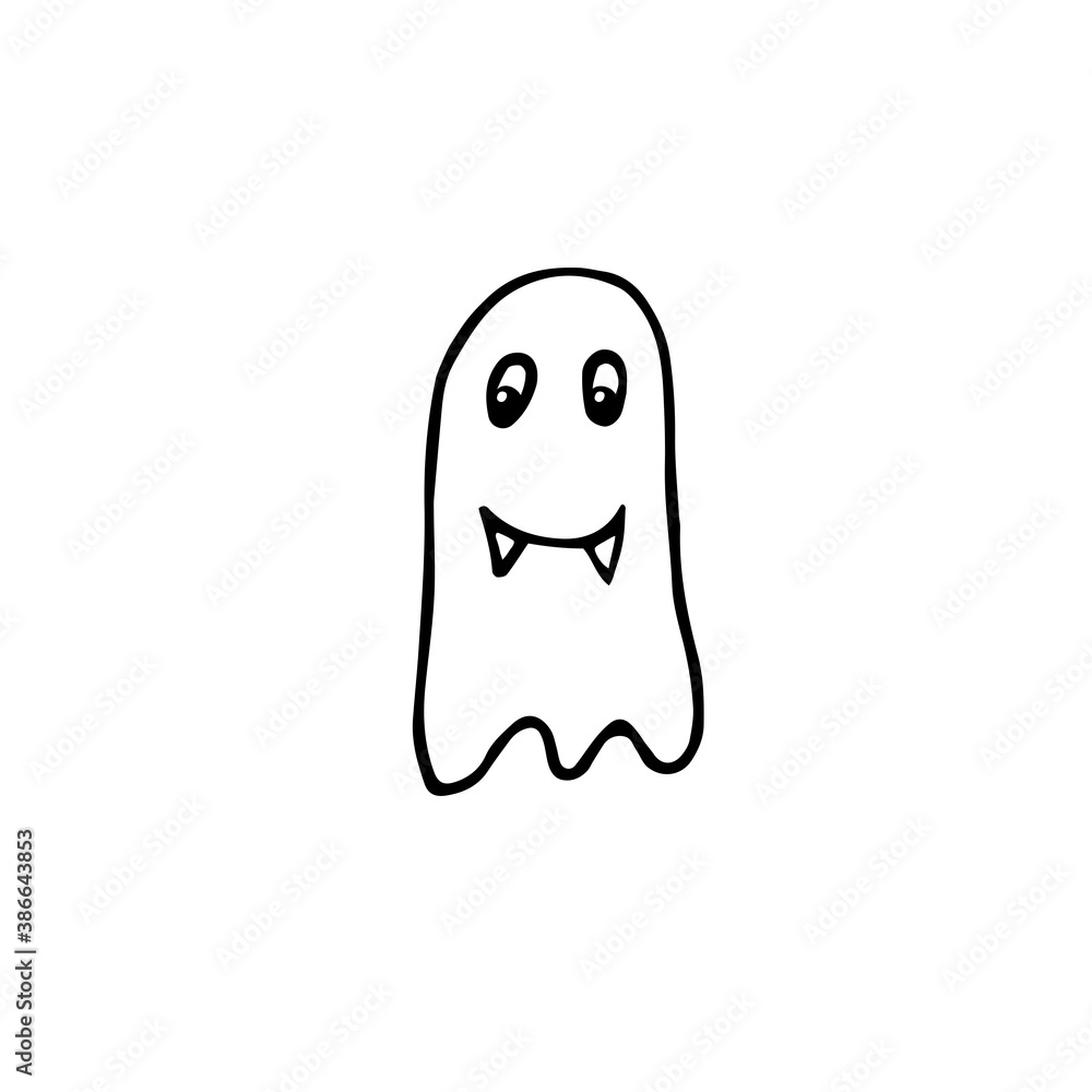 Doodle Halloween smiling ghost. Outline character with fangs isolated on white background. Hand drawn cute scary evil spirits. Vector apparition sign for spooky autumn holidays, print, trick or treat Doodle Halloween smiling ghost. Outline character with fangs isolated on white background. Hand drawn cute scary evil spirits. Vector apparition sign for spooky autumn holidays, print, trick or treat