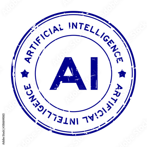 Grunge blue AI (abbreviation of Artificial intelligence) word round rubber seal stamp on white background