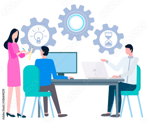 Woman writing business report, taking into consideration tips as new idea, time management and efficiency. Colleague gives her advices how to plan financial issues