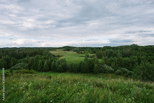 A panoramic view from the Braslav Lakes National Park in the afternoon with heavy clouds. Belarus