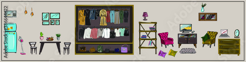 Vector set of isolated images of furniture and household items. All items can be used separately. Refrigerator, lamps, chandeliers, floor lamp, chests of drawers, cabinet, shelf. Interior, furniture. 
