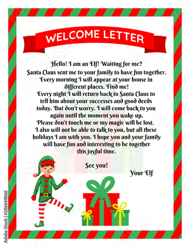Christmas elf welcome letter with christmas gift. Flat vector illustration.