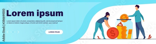 Family couple saving money. Man and woman inserting cash into glass jar. Vector illustration for finance, deposit, economy, investment, banking, concept