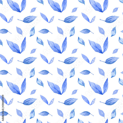 Watercolor winter seamless pattern with blue leaves and branches. Dusty botanical illustration. Christmas pattern design for wallpaper decor, scrapbook paper, textile fabric