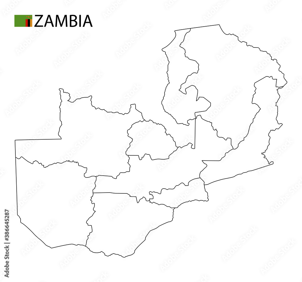 Zambia map, black and white detailed outline regions of the country.