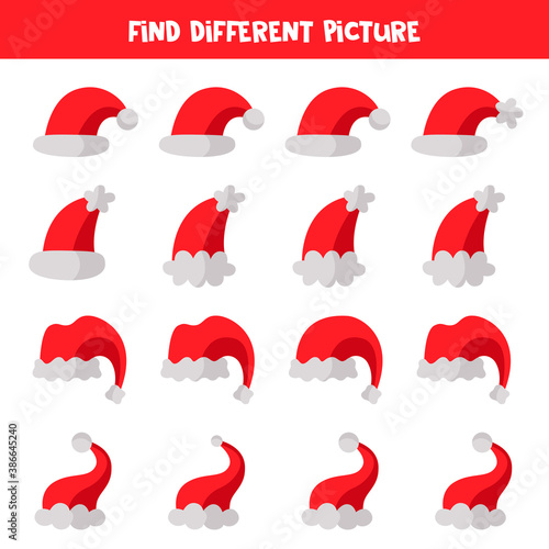 Find different picture of Santa Claus hat in each row. Educational logical game for kids.